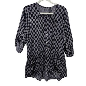 April Cornell Black White boho Print Button Front Tunic Top 3/4 Sleeve Pockets